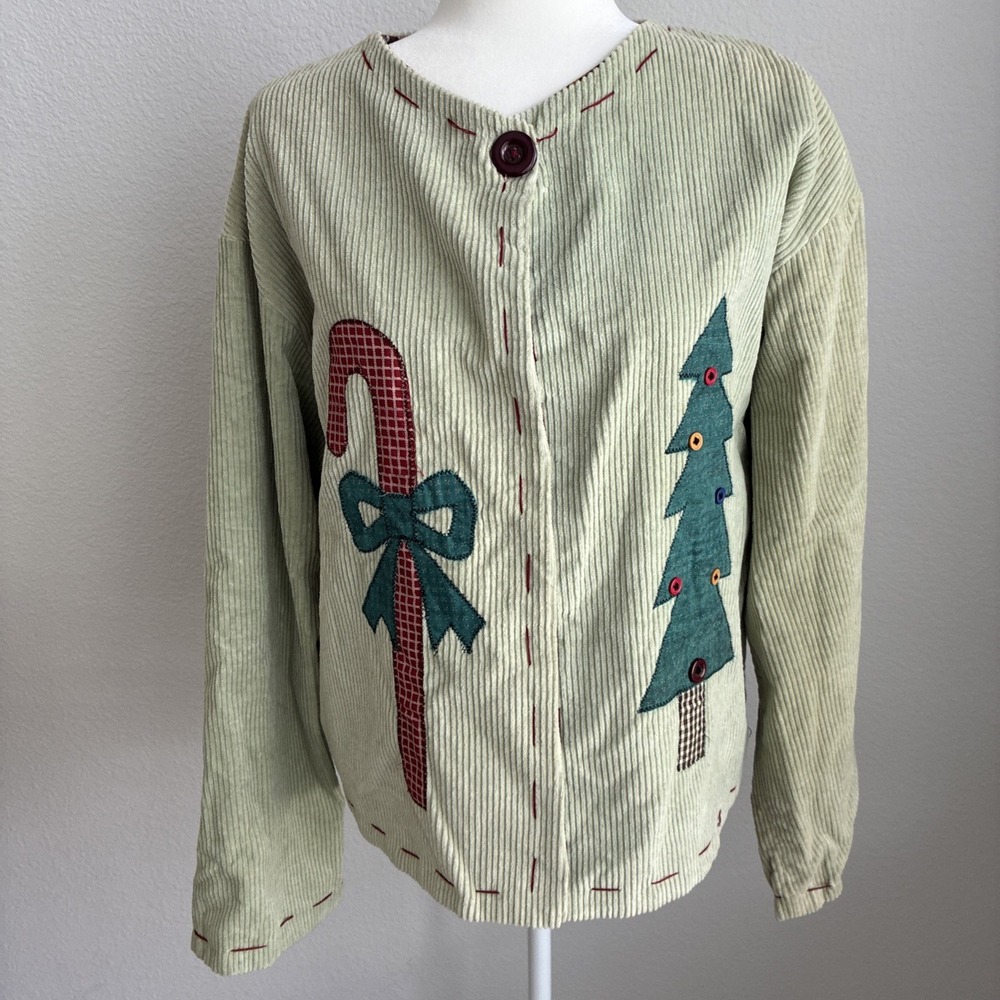 Christmas Corduroy Handmade Applique Cardigan Sweater Patchwork Lining Classic